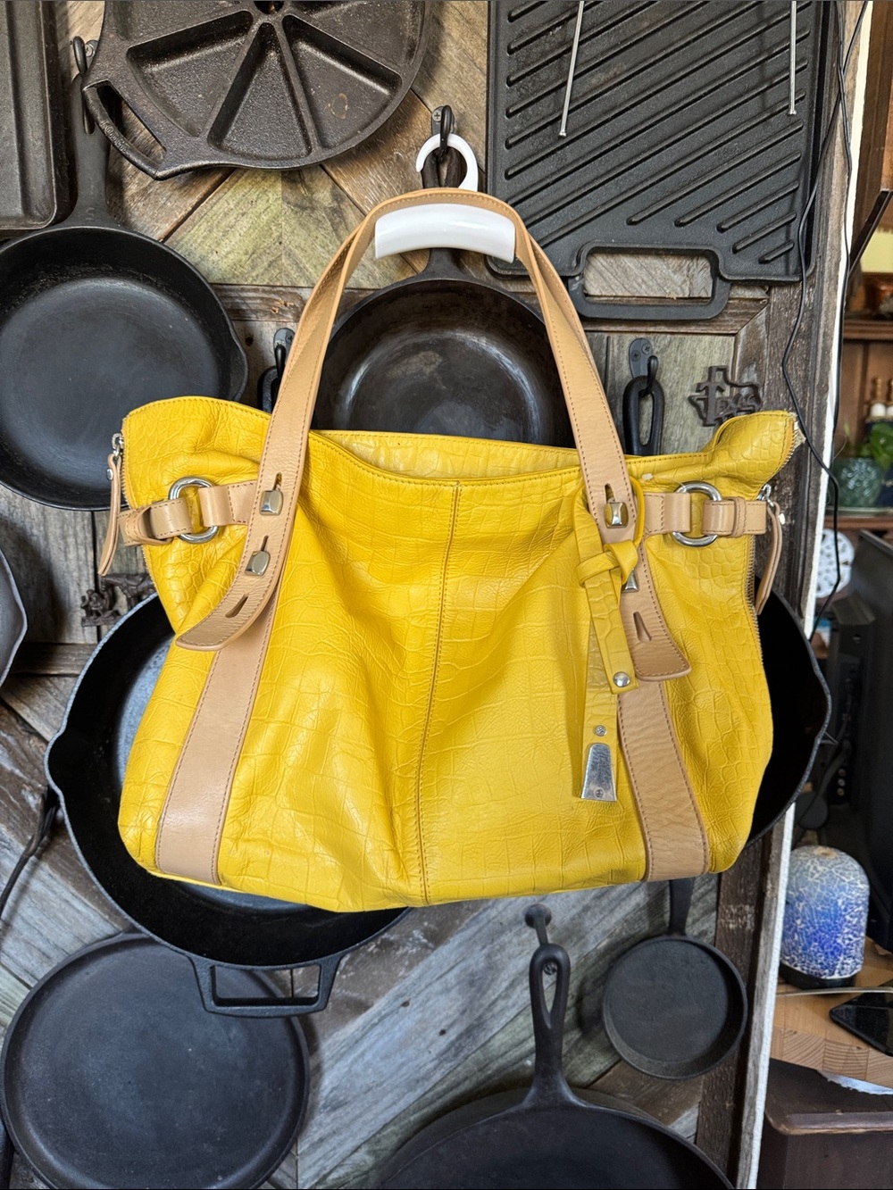 Francesco Biasia Yellow Croc-Embossed Leather Tote with Tan Trim
